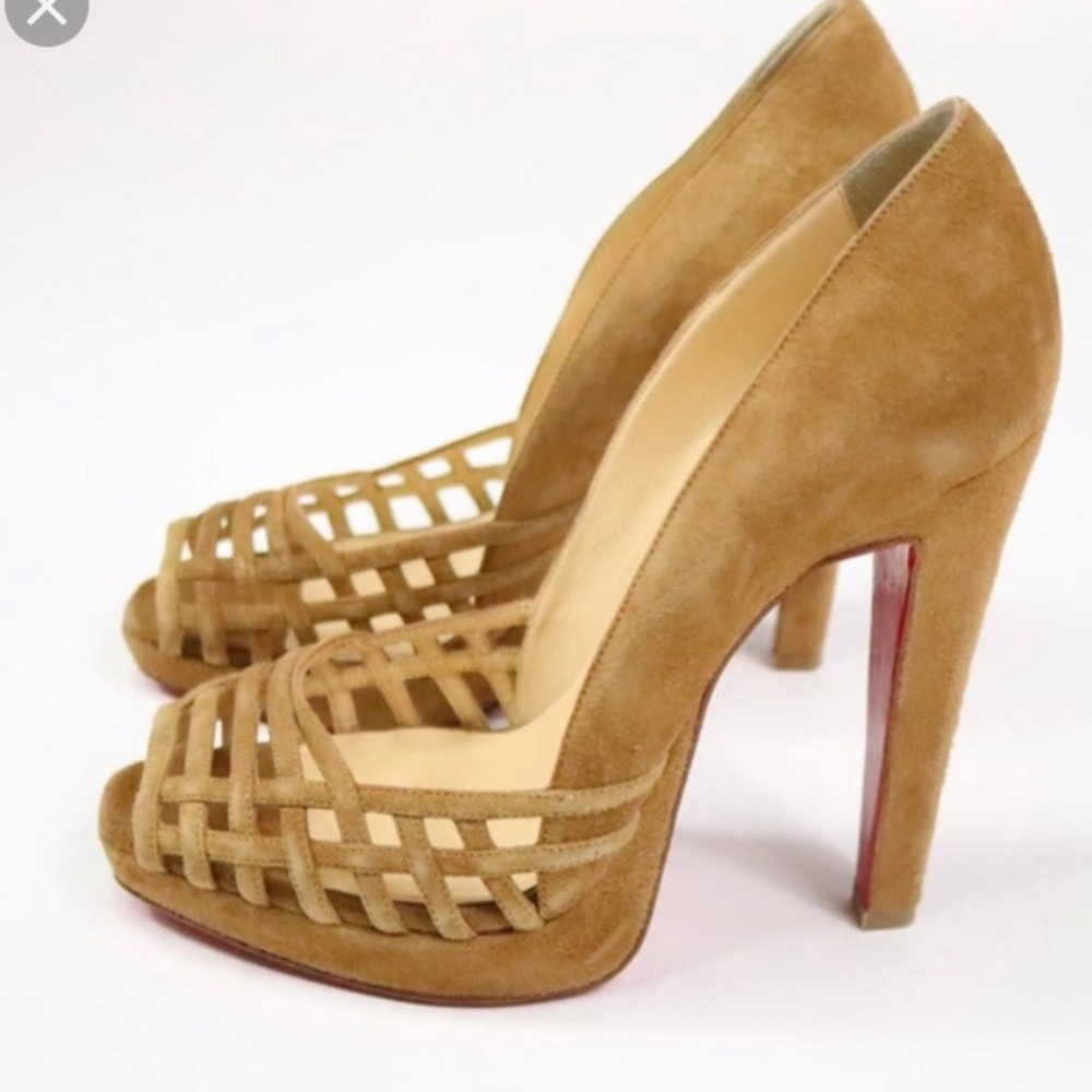 CL tan suede caged Chalumo pumps 120